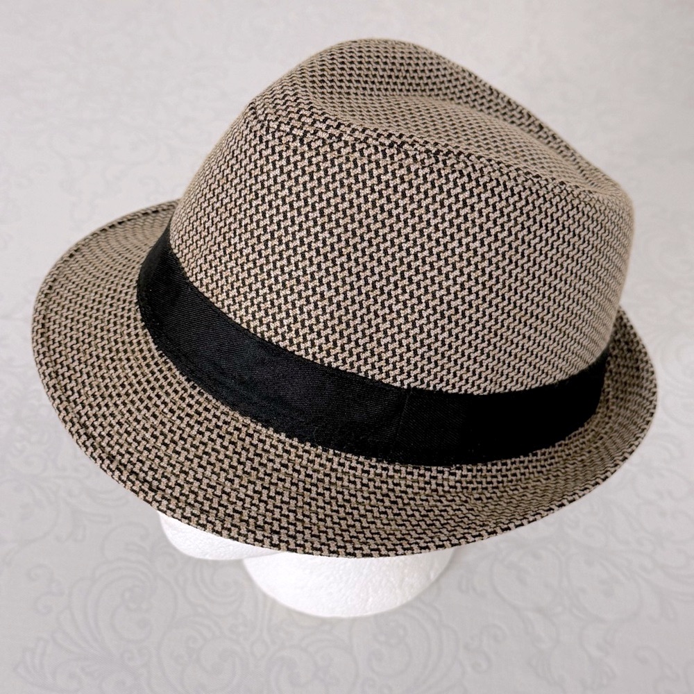 Orak Fedora Hat Black and Tan Short Brim Patterned with Black Cloth Band L/XL